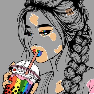 realistic girl drinking boba tea with braided hair