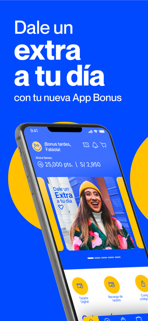 Bonus Perú - Bonus Peru app interface on a smartphone displaying loyalty points balance and digital wallet options