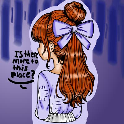 realistic girl  with hip length hair a bun and a big bow on the back of head