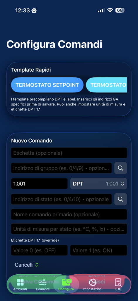 KNX Pro Tester - Oberfläche der KNX Pro Tester App, die den Befehlskonfigurationsbildschirm mit Schnellvorlagen und Gruppenadressfeldern zeigt