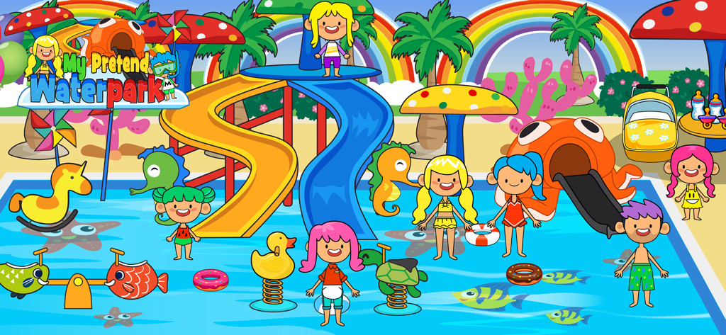 Zeichentrickkinder spielen in einem lebendigen Wasserpark mit Rutschen und Poolspielzeug.