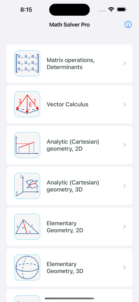 Math Solver Pro - Hauptmenü der Mathe-Löser Pro App mit Mathe-Kategorien wie Matrixoperationen, Vektorrechnung und Geometrie