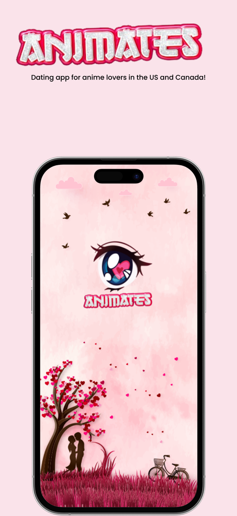 Animates app splash screen featuring an anime eye logo and a romantic couple silhouette under a heart tree.