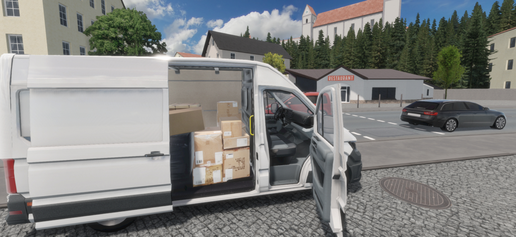 Une camionnette de livraison blanche avec cabine et portes de chargement ouvertes montrant des boîtes chargées dans un décor de ville réaliste