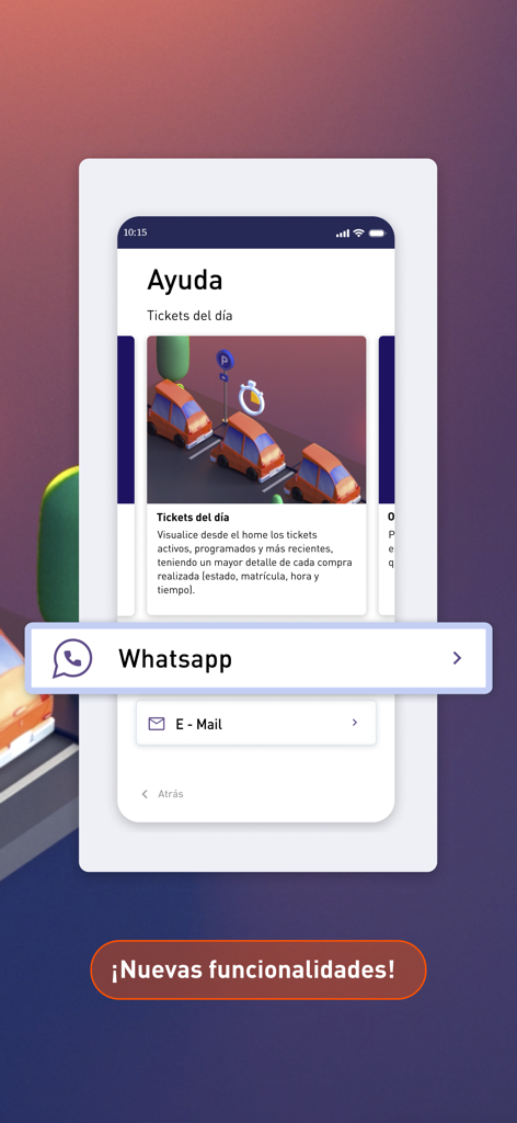 Help section of the T2Parking app with WhatsApp and email support options