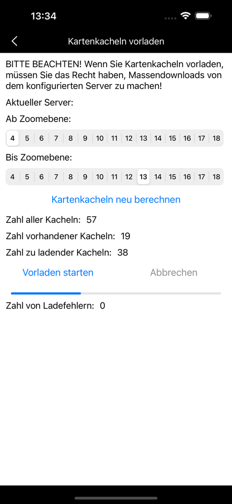 Maps for OSM - Interfaz para precargar teselas de mapas para uso sin conexión con selección de nivel de zoom en la aplicación Mapas para OSM.
