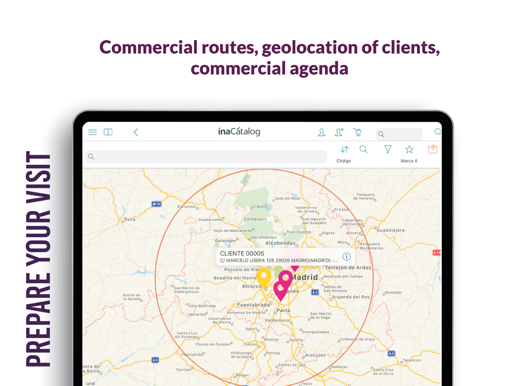 iPad screenshot of inaCátalog showing client locations on a map for sales visits.