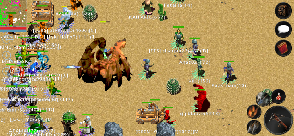 Forgotten Tales - Un gruppo di giocatori in Forgotten Tales MMORPG impegnato in un'epica battaglia contro un gigantesco scorpione in un deserto con grafica in pixel art 2.5D.