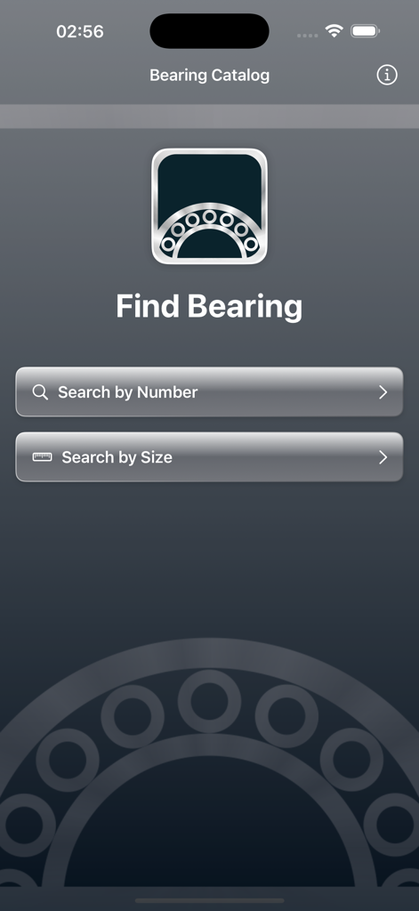 Bearing - The home screen of the Bearing Catalog app featuring buttons to search bearings by number or by size.