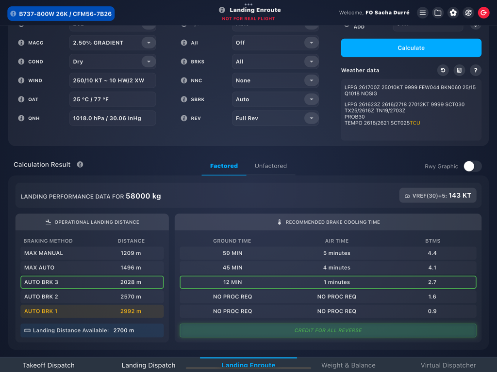 Landing enroute calculation screen in the Virtual Performance Tool app showing performance data for a B737-800W
