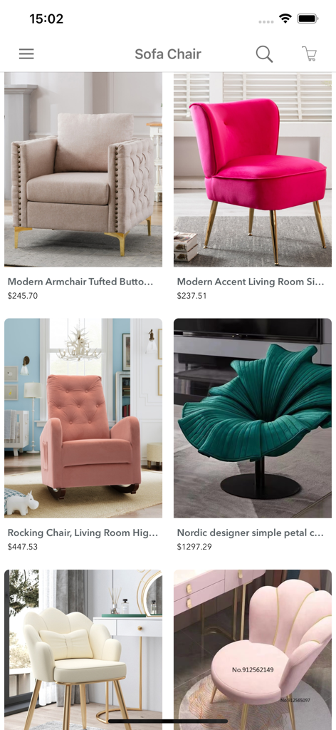 가격이 표시된 다양한 저렴한 현대식 액센트 의자와 암체어를 보여주는 모바일 앱 화면.