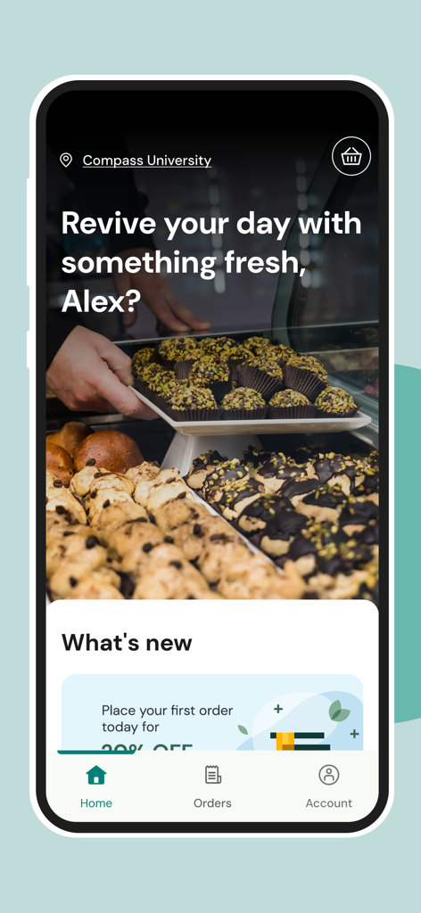 Boost: Mobile Food Ordering - La pantalla de inicio de la aplicación de pedidos de comida móvil Boost que muestra pasteles frescos y un saludo personalizado para un usuario del campus