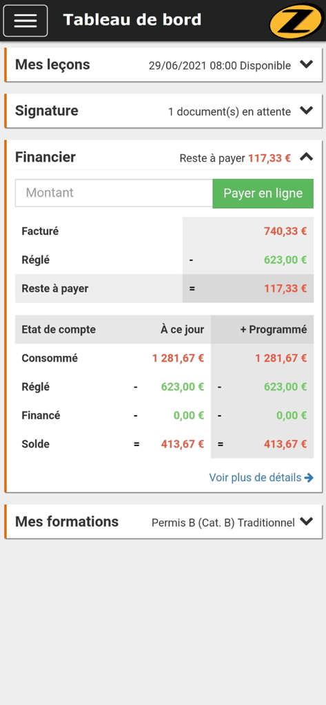 Zebra Moto-Ecole - Zebra Moto-Ecole mobile app dashboard showing training schedule and online payment section for driving lessons.