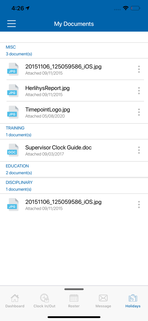 Timepoint - Timepoint mobile app My Documents screen displaying work-related files and categories.