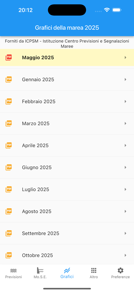 La pantalla de la aplicación Marea Venezia mostrando una lista de informes de cartas de mareas mensuales para 2025.
