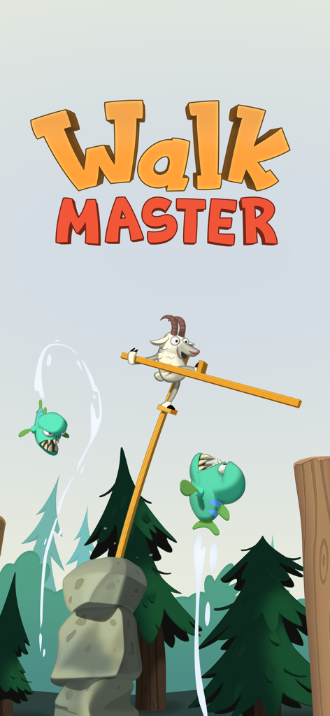 Walk Master - Título del juego Walk Master con un personaje de cabra caminando sobre zancos largos en un bosque mientras esquiva peces saltarines.
