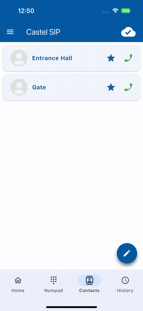 Castel SIP - Écran des contacts de l'application Castel SIP montrant les postes d'interphone pour le hall d'entrée et le portail