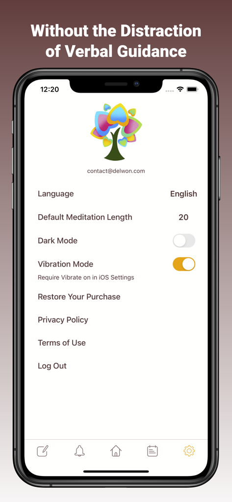 Rituality: Meditation - Écran des paramètres de l'application de méditation Rituality montrant les préférences de l'utilisateur et les messages de guidage non verbal