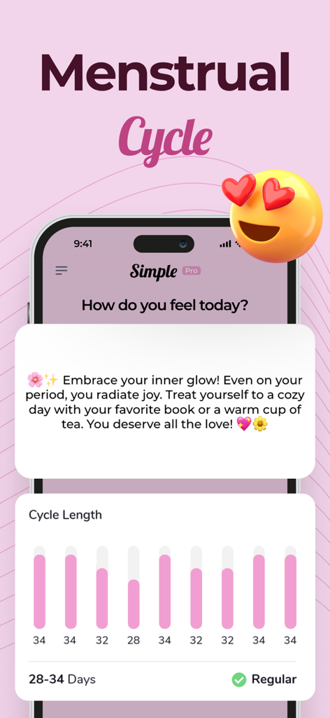 Simple Period Tracker - Simple Period Tracker app screen showing a menstrual cycle length chart and a daily motivational message.