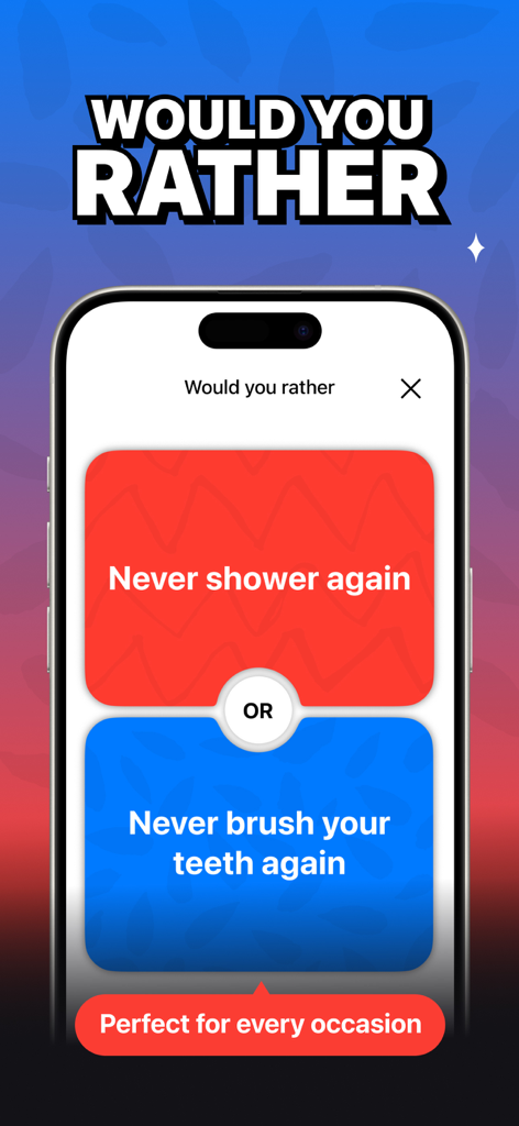 Imposter Game - Splash - Schermata del gioco "Preferiresti..." dall'app Imposter Game Splash che mostra scelte divertenti.