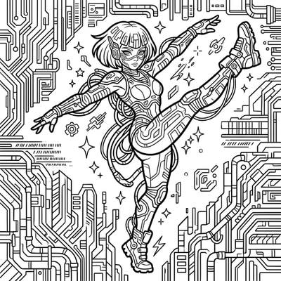 Step into a world where dance meets technology with this captivating cyberpunk dancer coloring page. Perfect for enthusiasts of futuristic aesthetics and dynamic poses, offering a unique blend of art and sci-fi.