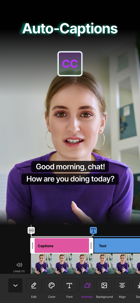 Video Up app interface showcasing the auto-captions tool for content creators