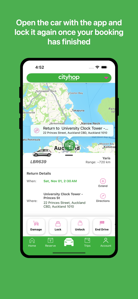 車の予約の詳細とリモート車両制御を表示するCityhopモバイルアプリインターフェース