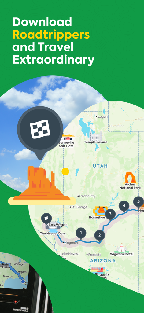 A promotional graphic for the Roadtrippers app featuring a road trip route through Utah and Arizona with various landmarks and national parks