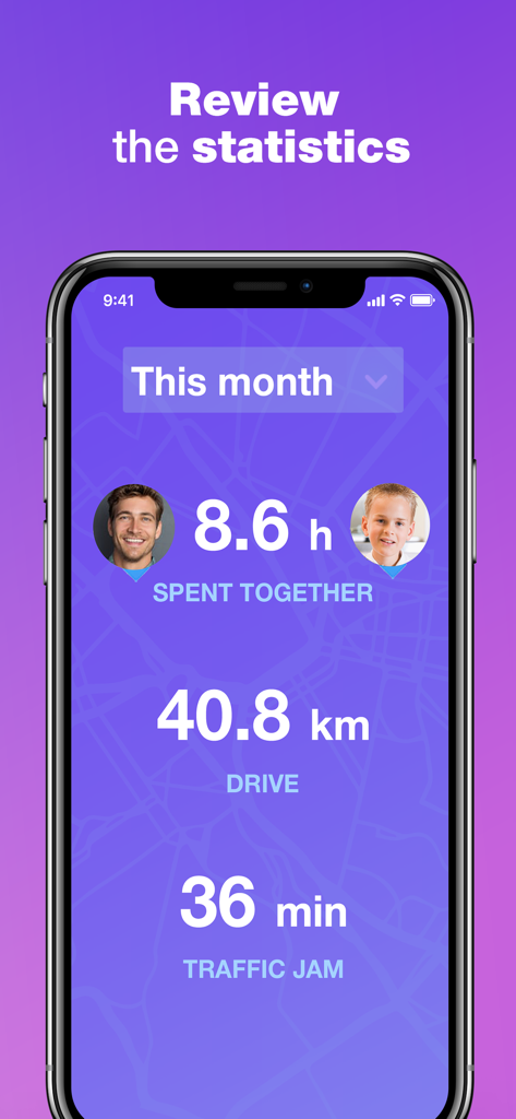 My Family: Find Friends Phone - A smartphone displaying monthly movement statistics for family members including hours spent together and driving distance
