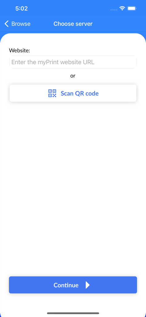 Ricoh myPrint - Schermata di scelta del server nell'app Ricoh myPrint che mostra l'inserimento dell'URL del sito web e il pulsante di scansione del codice QR