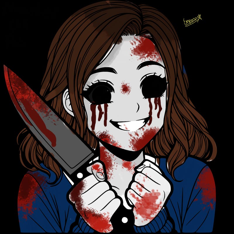a realistic girl holding a knife and grinning