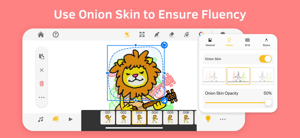 Onion skin feature in Animation Desk app for smooth character animation