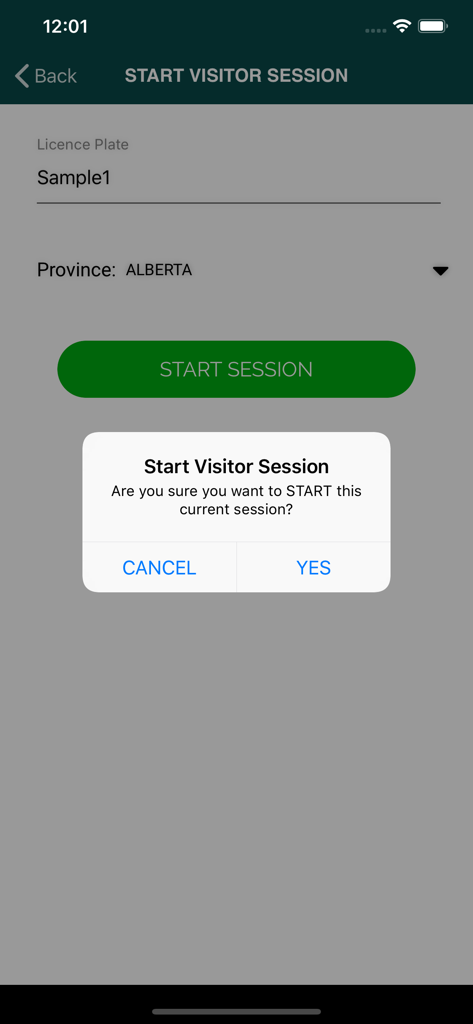 MyParking - MyParking app screen showing a visitor parking session confirmation pop-up