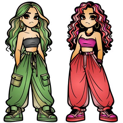 two girls in baggy pants crop top and hairstyle curly