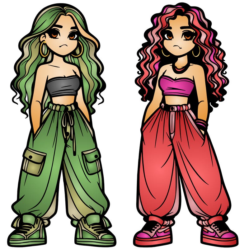 two girls in baggy pants crop top and hairstyle curly
