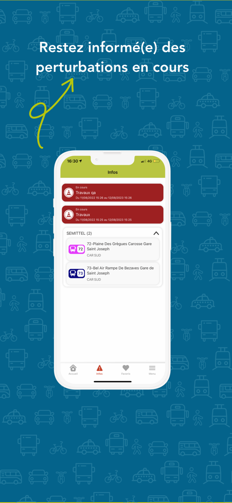 CARSUD - CARSUD app screen showing real-time service alerts and bus line disruptions