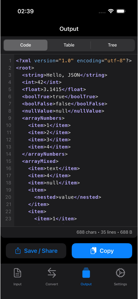 Mobile app interface showing JSON data converted into XML format with syntax highlighting
