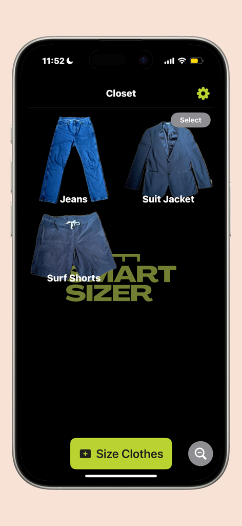 Smartsizer - Measure Clothing - Smartphone screen showing the Smartsizer app closet with categorized items like jeans and a suit jacket