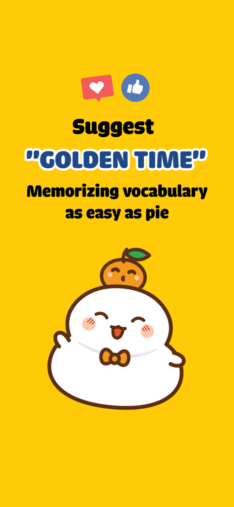 MochiVocab - Learn English - MochiVocab app screenshot showing the Golden Time feature with cute mascots and text explaining how to memorize vocabulary easily.
