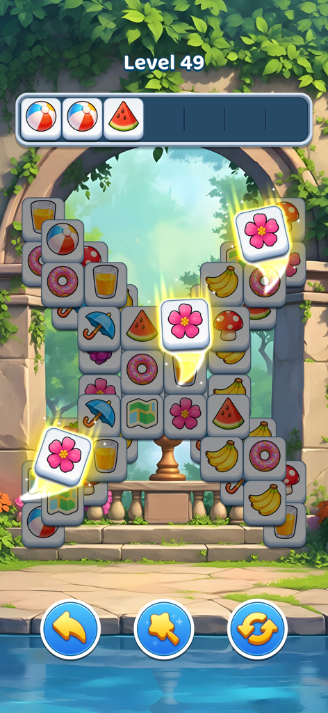 Tile Journey - Matching Puzzle - Tile Journey matching puzzle game showing level 49 with a zen garden background and colorful tiles.