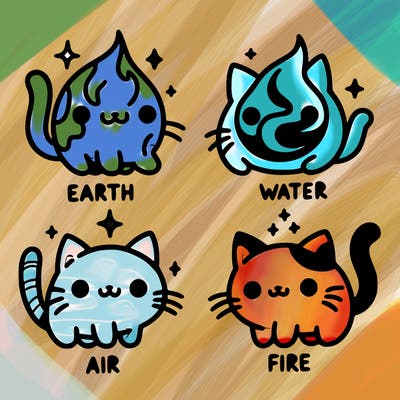 4 cats that represent the different elements, earth, water, air, and fire