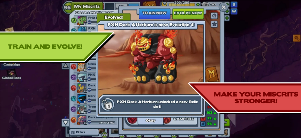 Miscrits - A screenshot of Miscrits showing a creature named PXH Dark Afterburn evolving to level 4 with training and evolution banners.