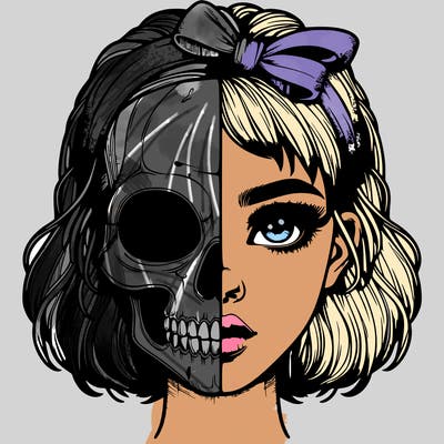 realistic girl with half skull mask
