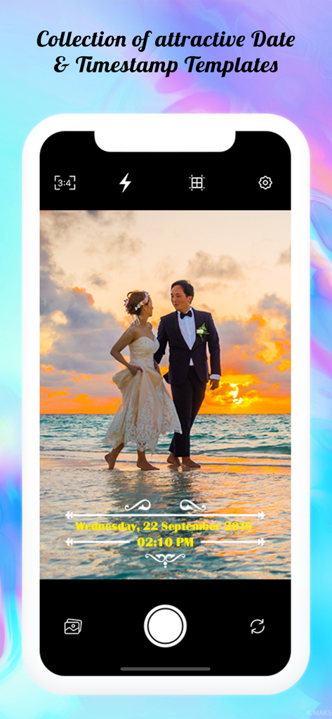 A smartphone screen displaying a wedding photo with a decorative yellow date and time stamp overlay