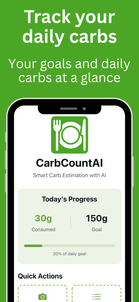 CarbCountAI - CarbCountAI app dashboard showing daily carb intake progress and 150 gram goal tracking.