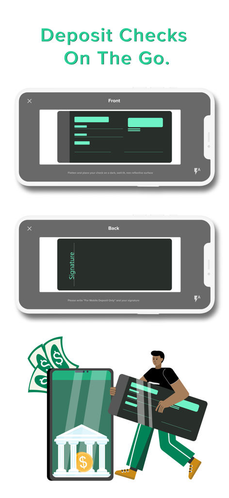 Central Bank - Mobile - Interface for depositing checks on the Central Bank mobile app with step-by-step photos of a check front and back
