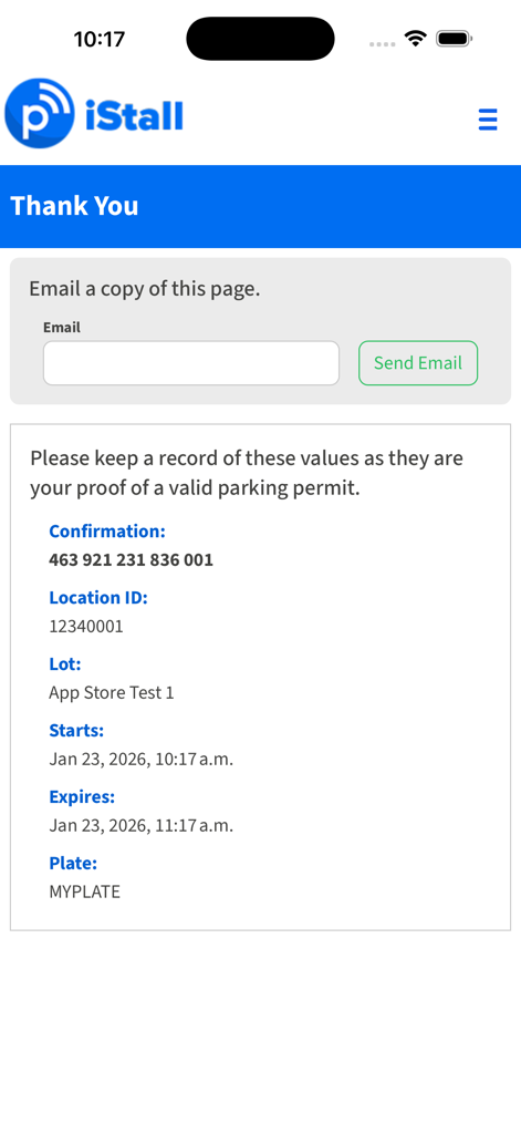 iStall - iStall app screen displaying a parking permit confirmation with location ID, lot name, and expiration details.