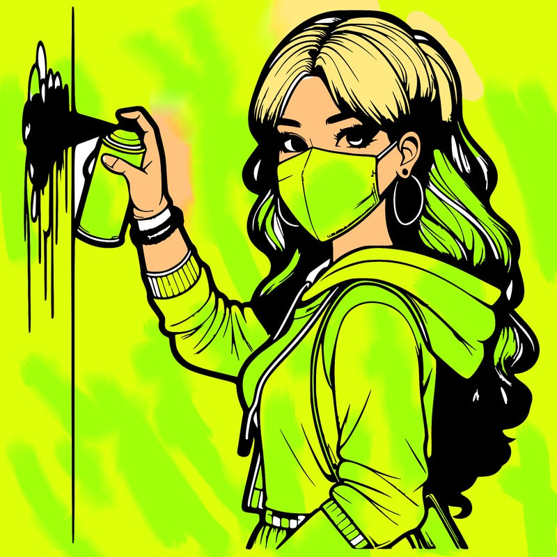 realistic girl with mask spray painting a wall
