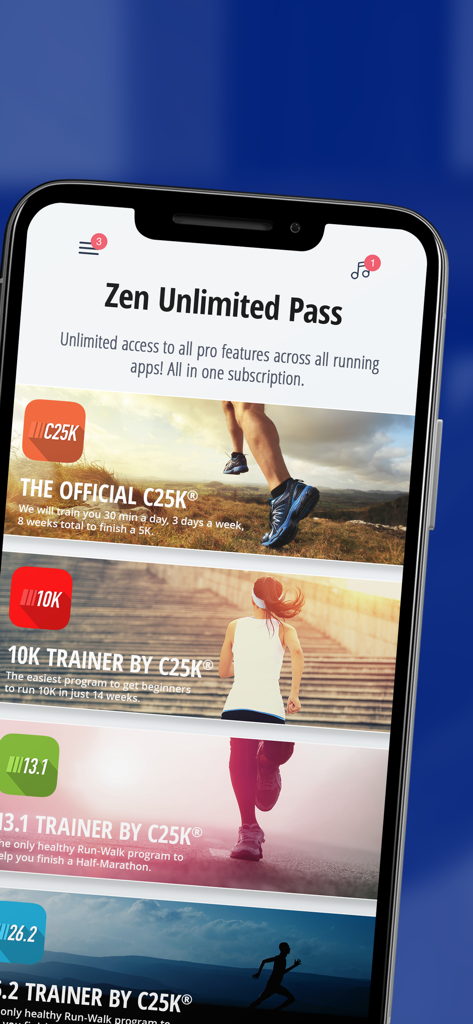 20 Pull Ups Trainer Challenge - Zen Unlimited Pass画面。C25Kや10K Trainerなどのさまざまなトレーニングプログラムへのアクセスを表示。