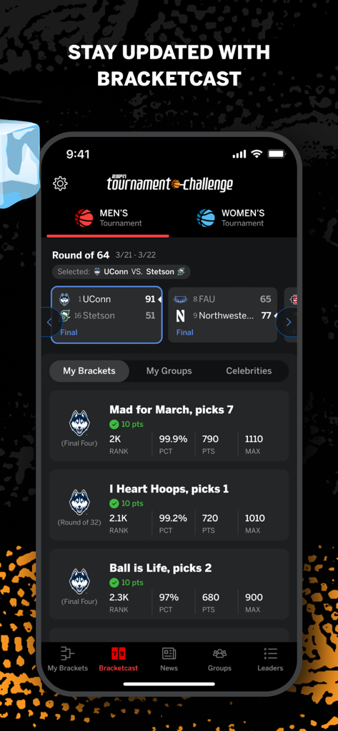 Teléfono inteligente que muestra la aplicación ESPN Tournament Challenge con puntajes en vivo y rankings de brackets a través de la interfaz Bracketcast.